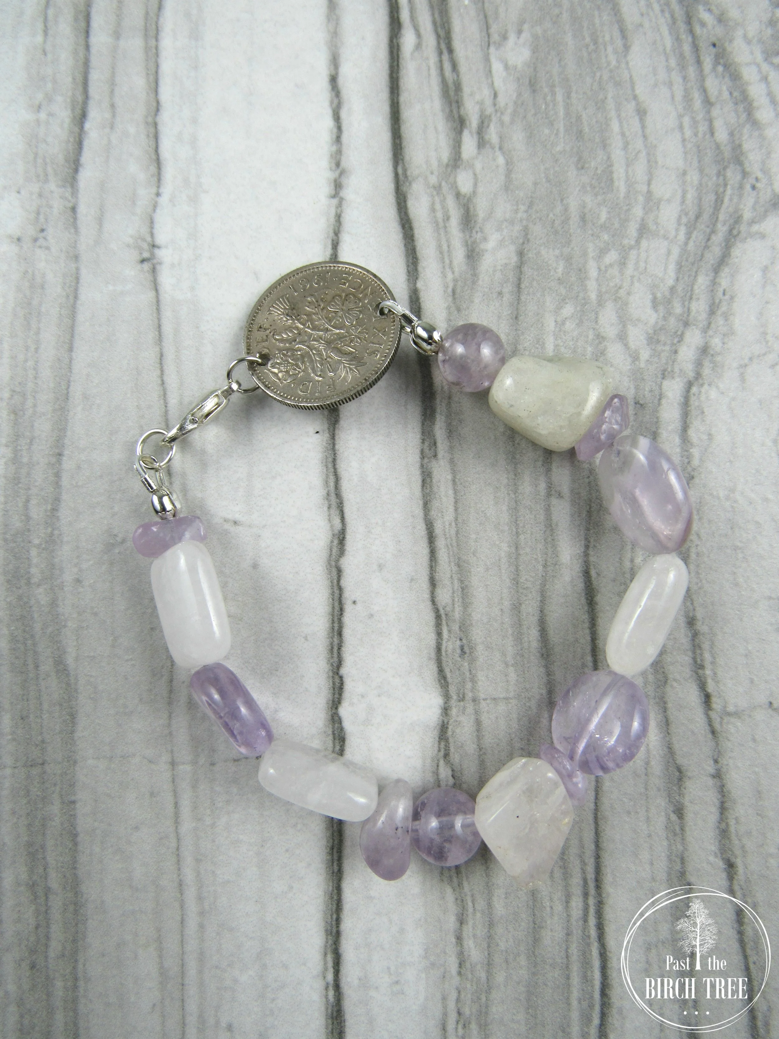 Bracelet featuring Natural Amethyst with Clear Quartz Gemstones and United Kingdom Coin