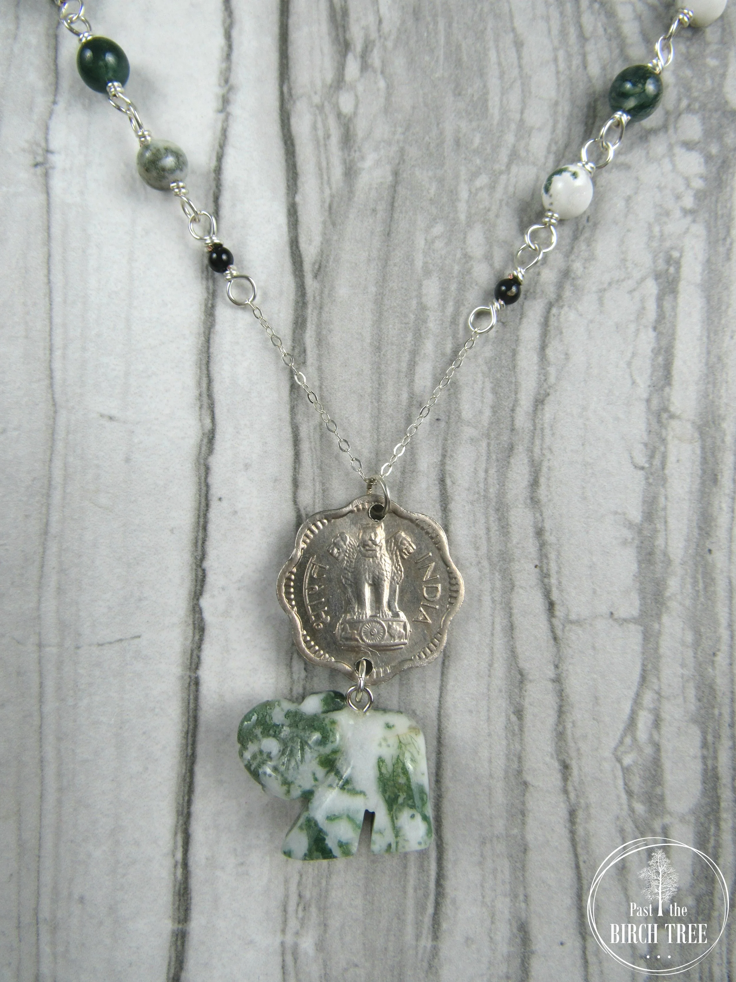 Item-1424.2-Silver-Necklace-featuring-Natural-Moss-Agate-Gemstones-and-India-Coin-Pendant-with-Carved-Elephant-Pendant-Necklace-Repurposed-Past-the-Birch-Tree