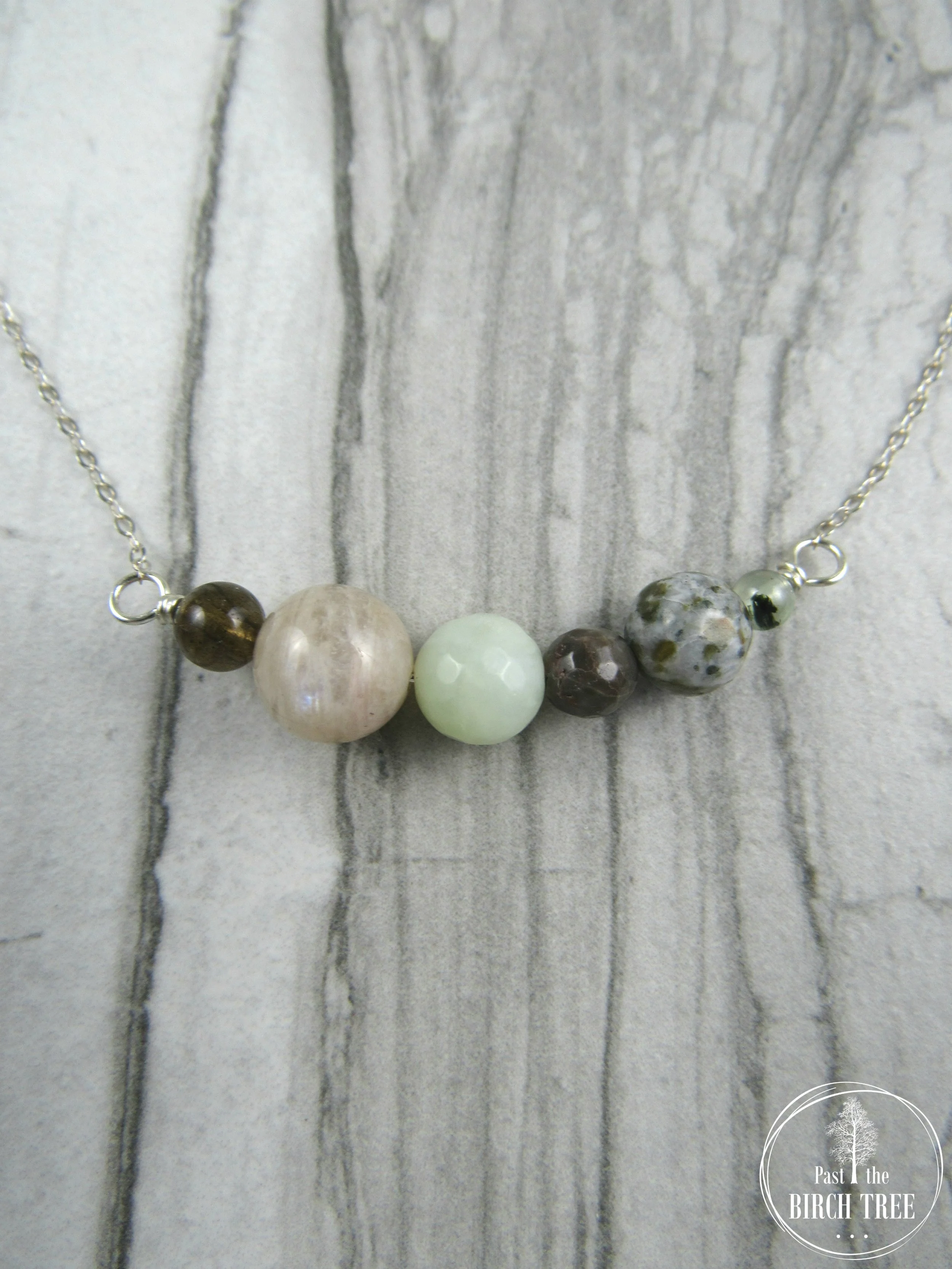 Item-1118.3-Silver-Bar-Necklace-featuring-Natural-Zebra-Jasper-Tree-Agate-Jade-Labradorite-Rainbow-Moonstone-and-Prehnite-Gemstones-Handcrafted-Unique-Short-Necklace-Past-the-Birch-Tree