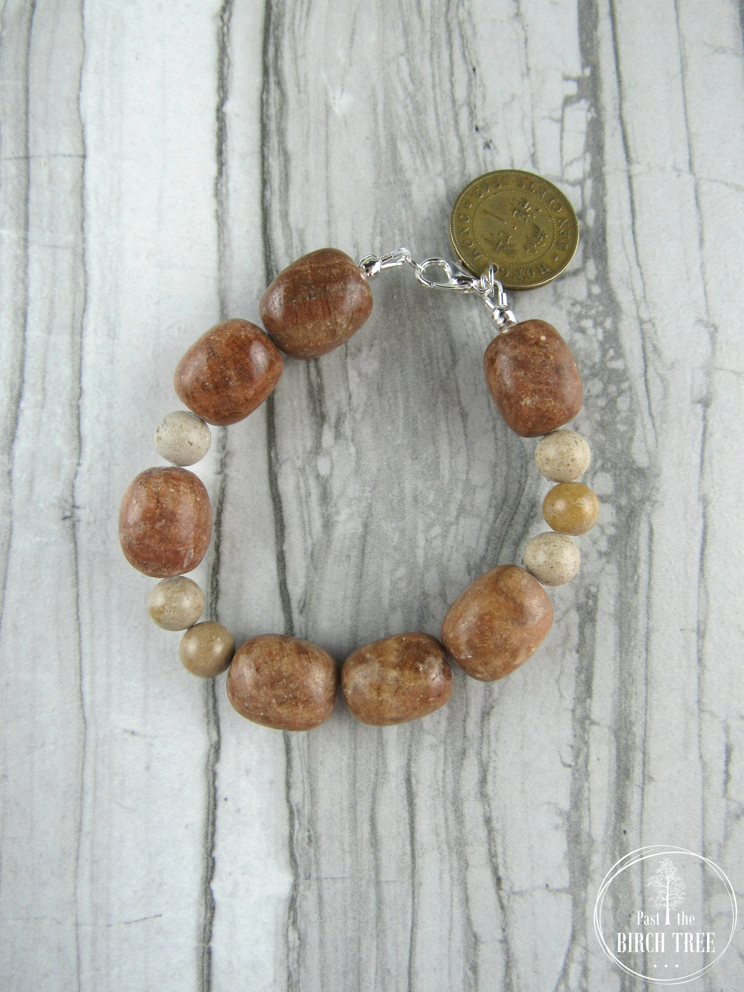 Bracelet featuring Natural Jasper Gemstones and Hong Kong Coin Charm