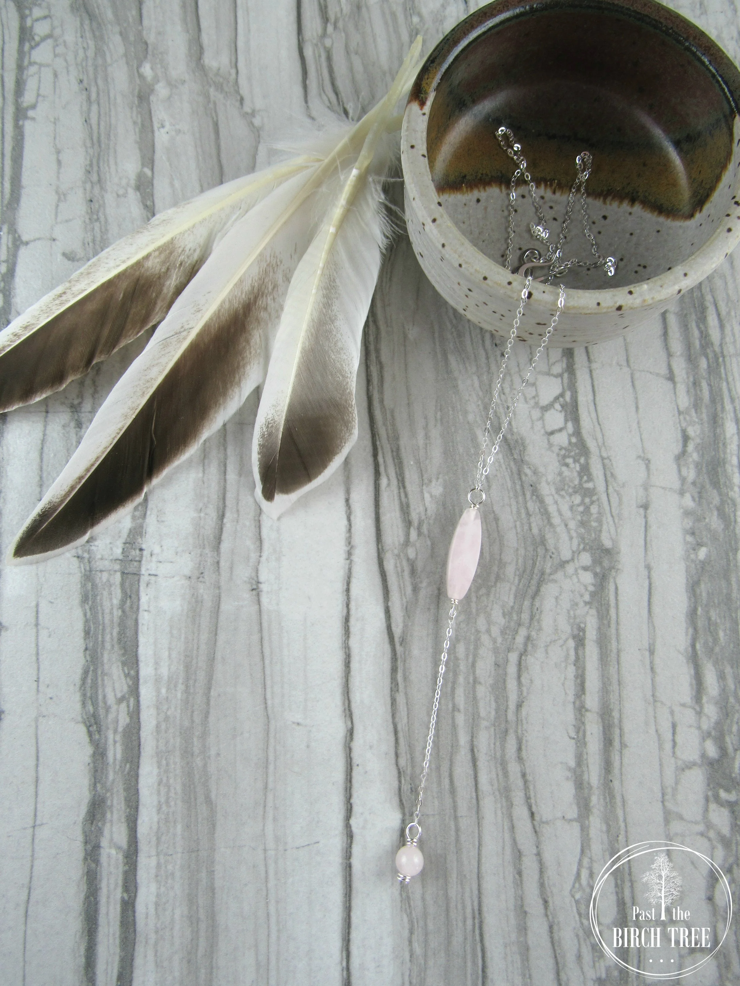 Silver Lariat Necklace featuring Natural Rose Quartz Gemstones