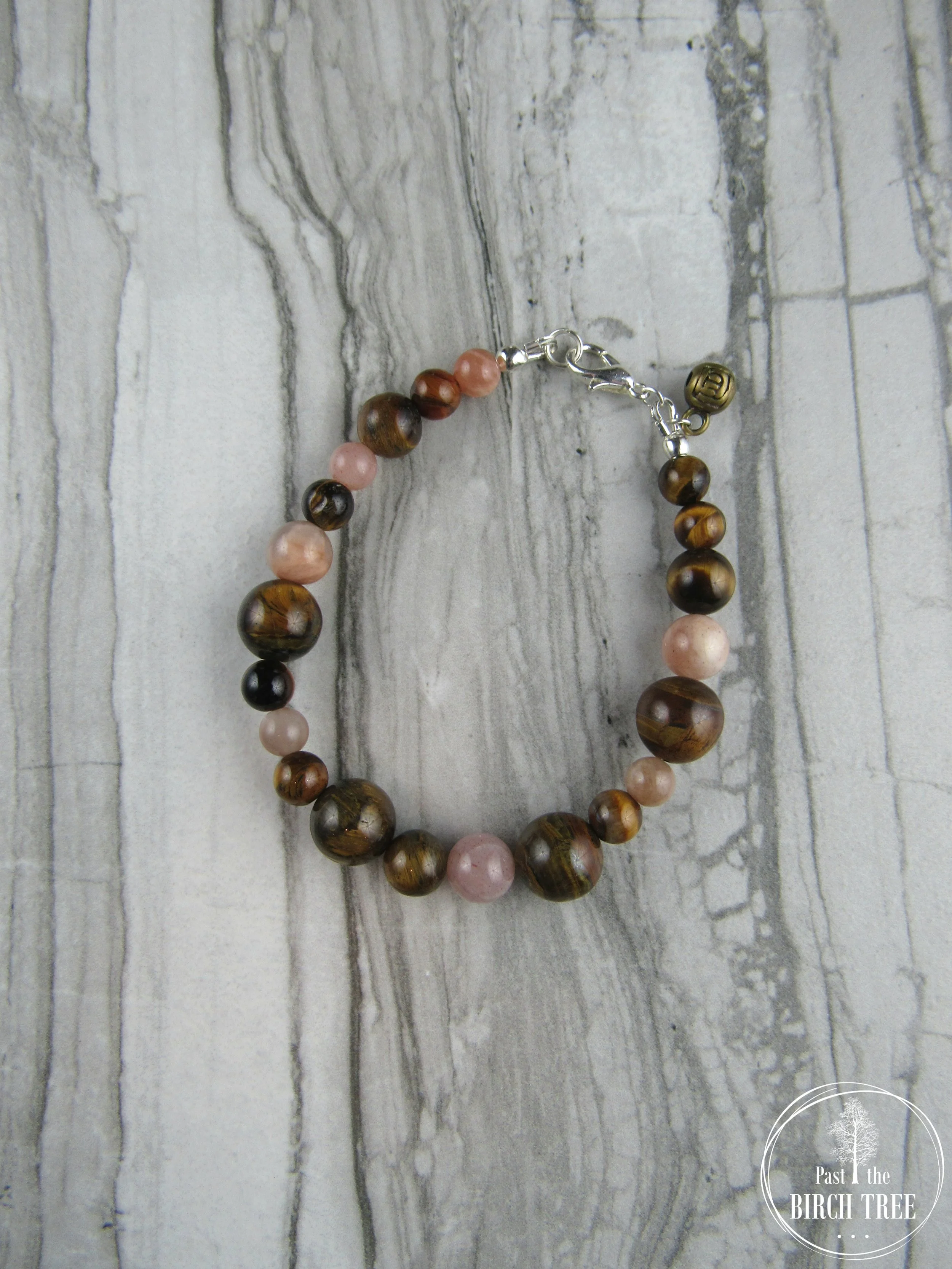 Bracelet featuring Natural Tiger Eye and Sunstone Gemstones with Brass Charm