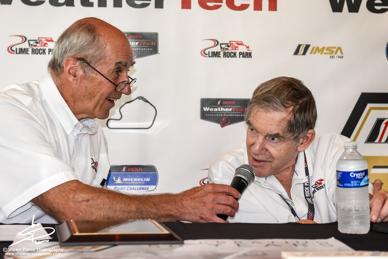  Two Lime Rock legends. Sam Posey being interviewed by the voice of Lime Rock, Greg Rickes. 