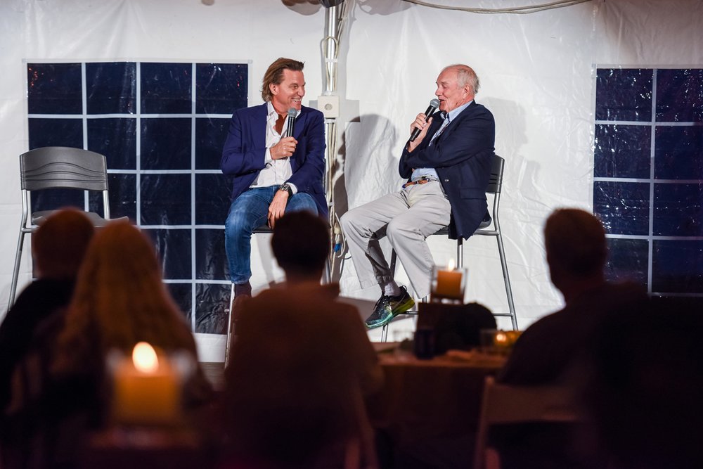  Sunday in the Park chairman Murray Smith interviewing racing legend Stefan Johansson during Historic Festival 39. 
