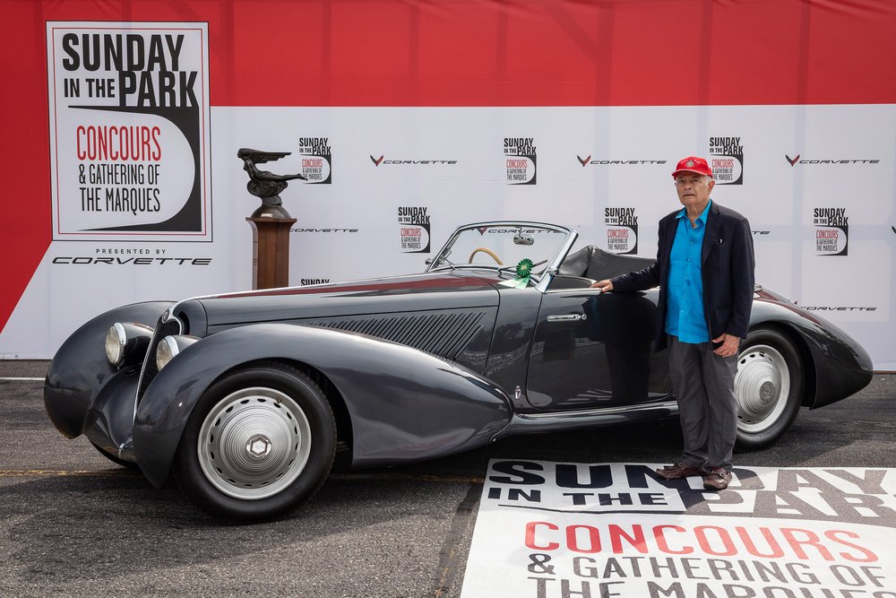 The Sunday in the Park best in show recipient Lawrence Auriana with his 1937 Alfa Romeo 8C 2900B Corto Pinin Farina Cabriolet