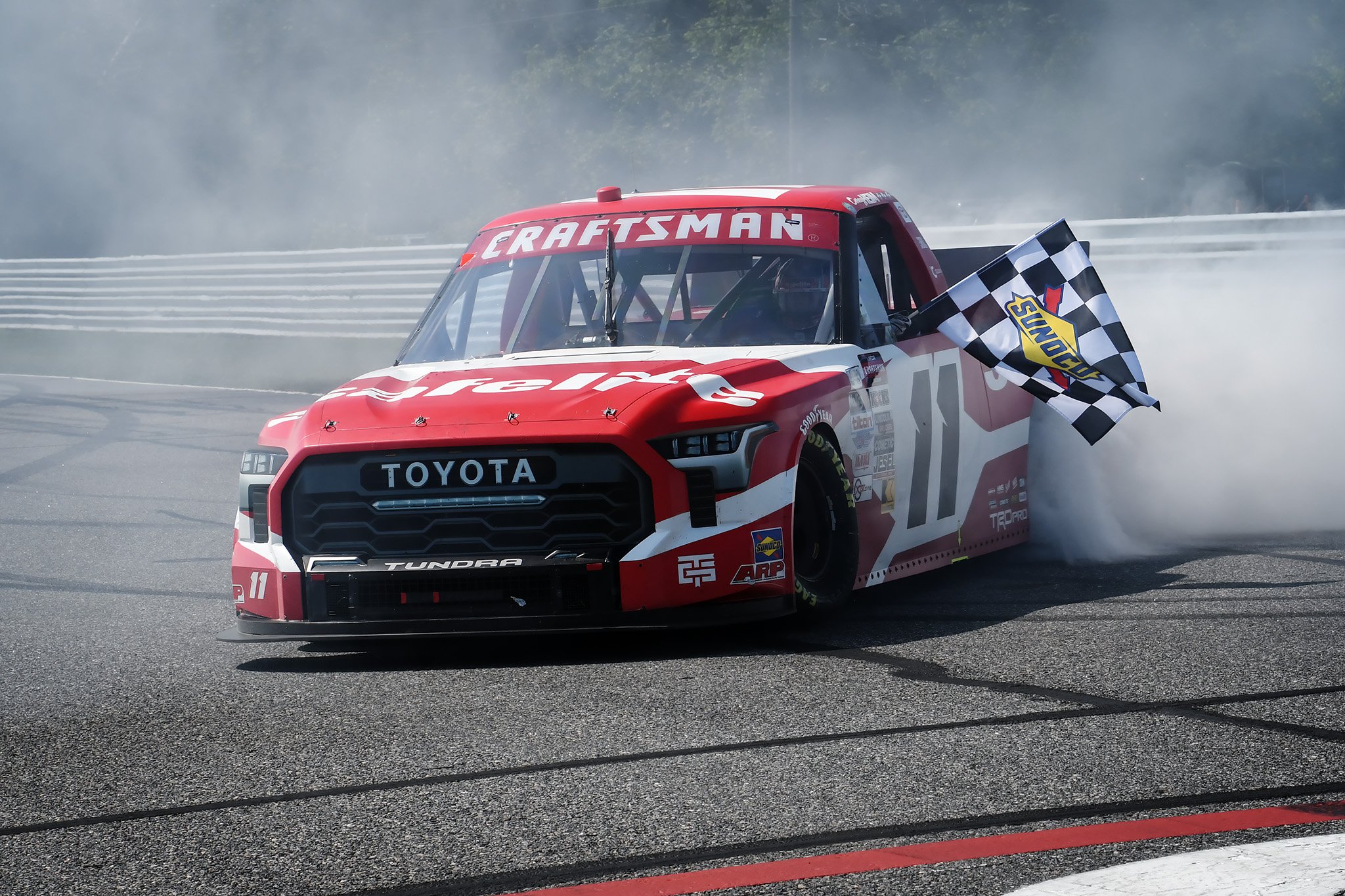  Corey Heim blowing donuts at start/finish after winning the inaugural Liuna 150 