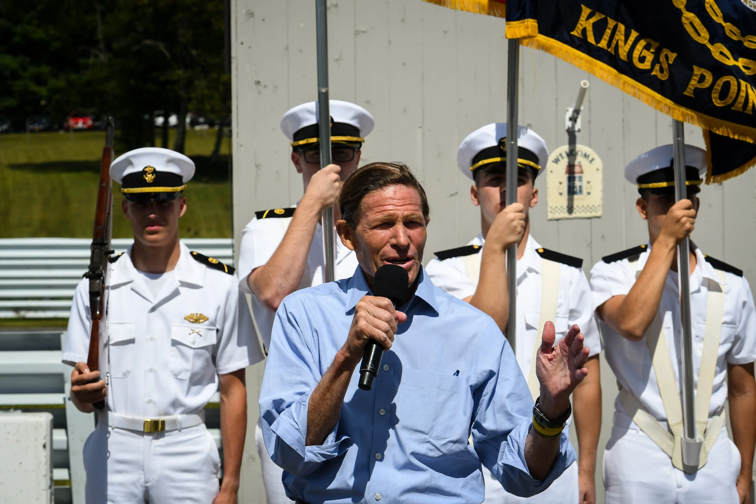  US Senator Richard Blumenthal making remarks during pre-race festivities before throwing the green flag for the first race of the afternoon.  