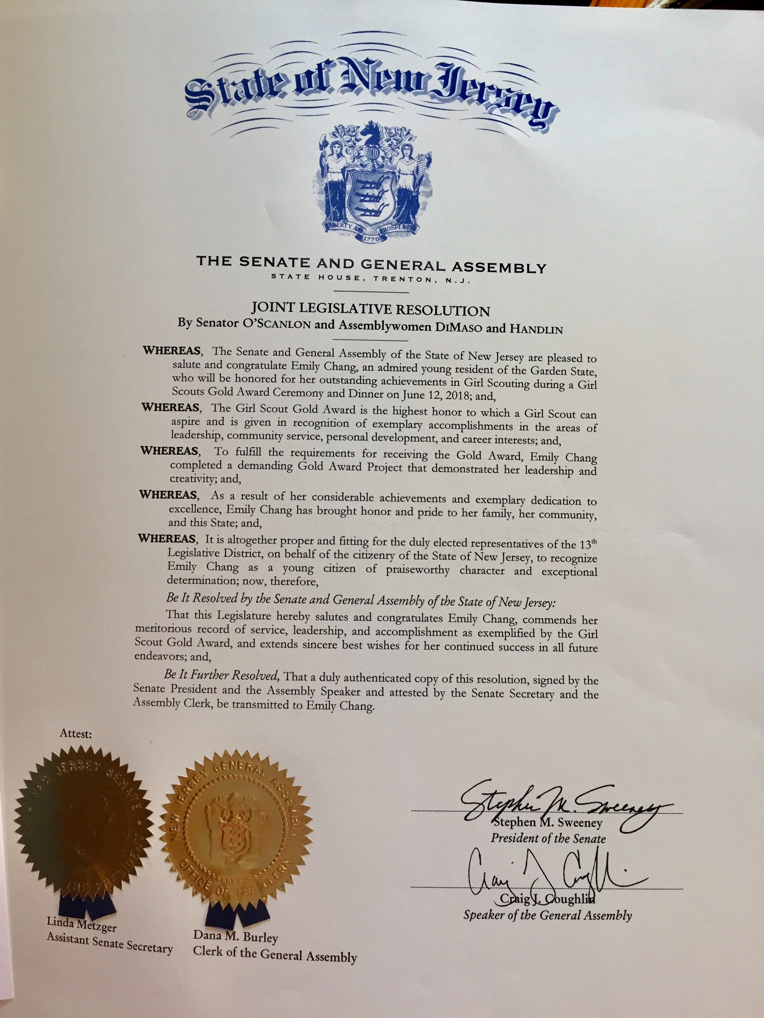 NJ Senator & Governor Proclamations