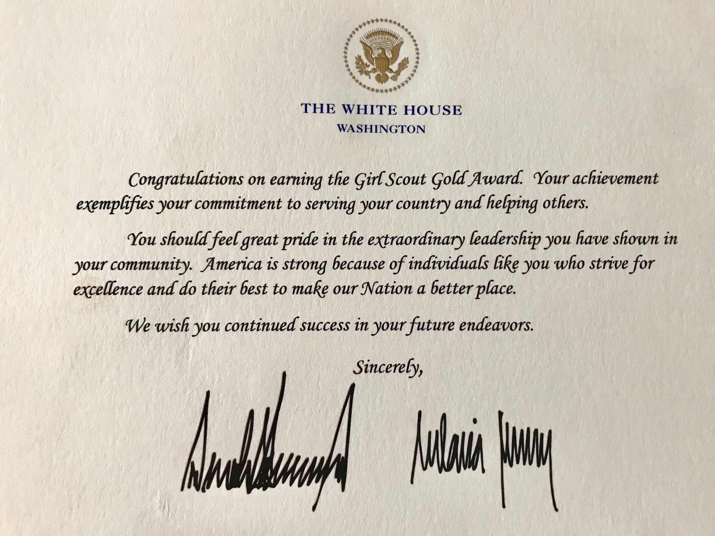 Congratulatory Letter from the Office of the President of the US 