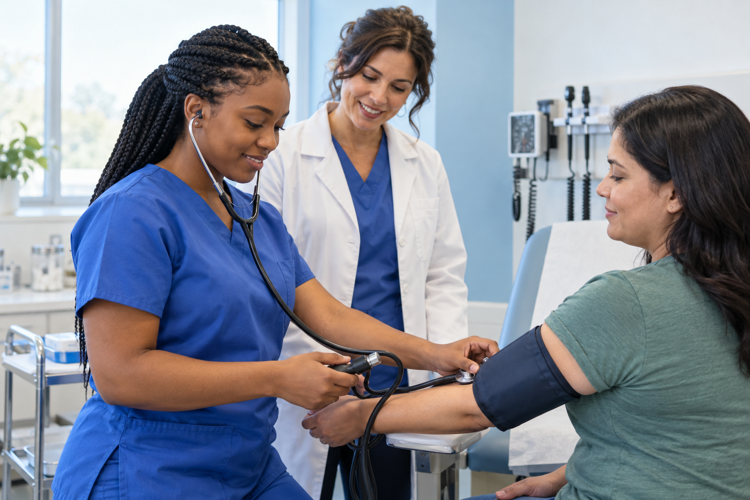 Medical assistant student practicing blood pressure measurement with an instructor