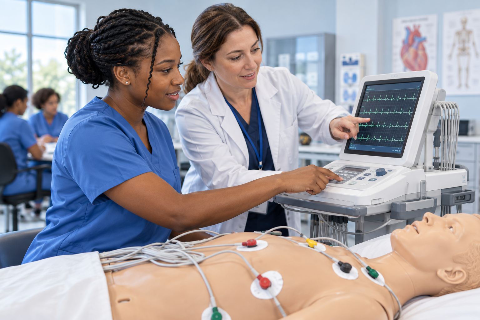 EKG student and instructor reviewing equipment beside a training mannequin