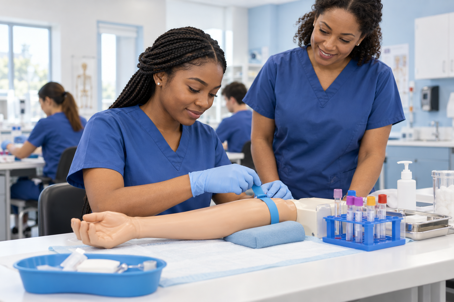 Phlebotomy student practicing with a training arm under instructor supervision