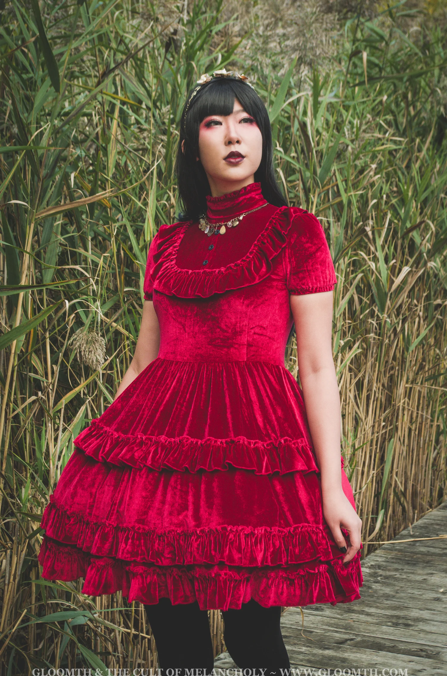 fitted lace wedding dress Dark in Love Verity Burgundy Velvet Dress with Black Gothic Lace main image 1