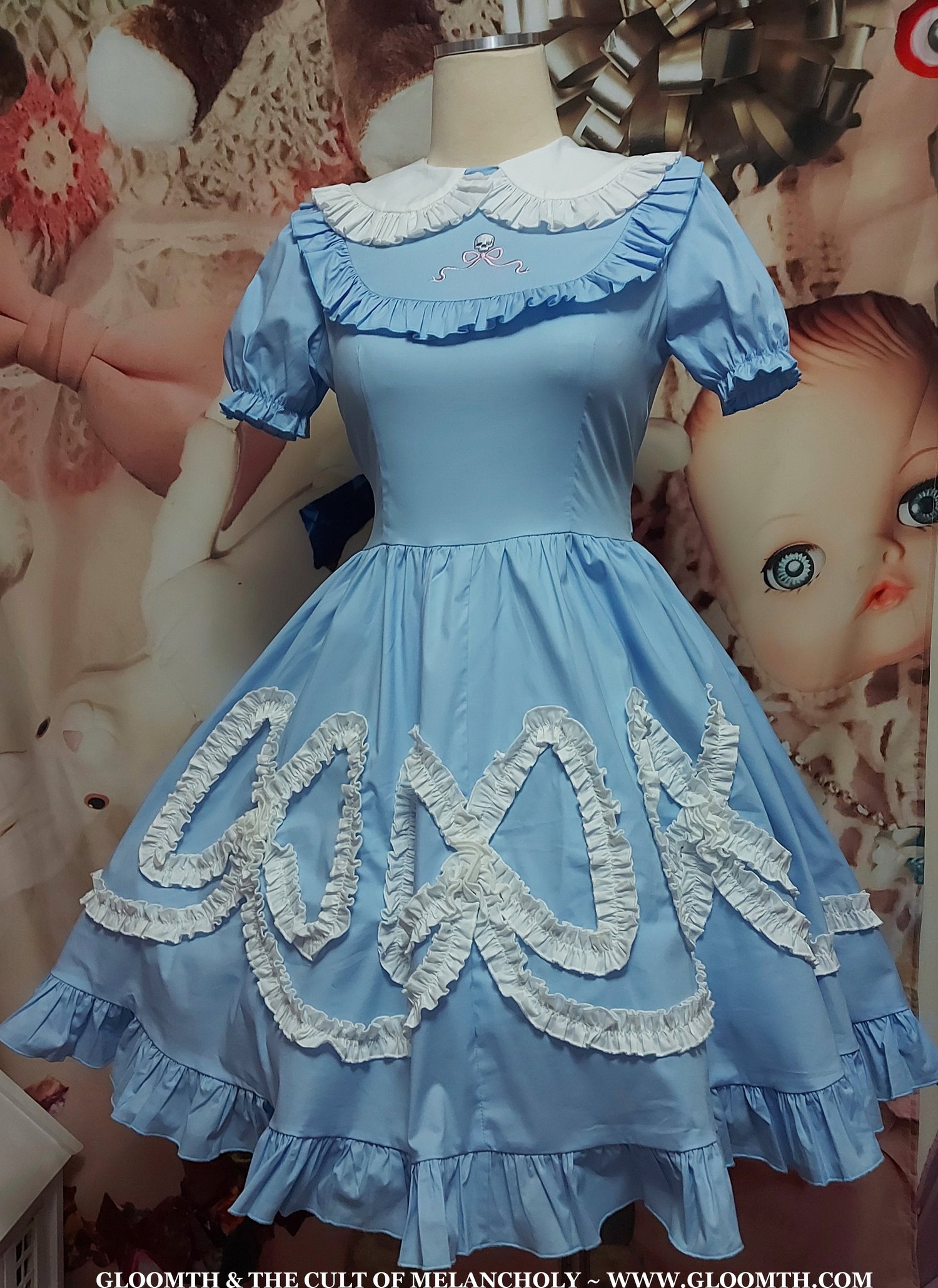 Cornflower Blue Tea Party Dress with Bows and Embroidered Skull