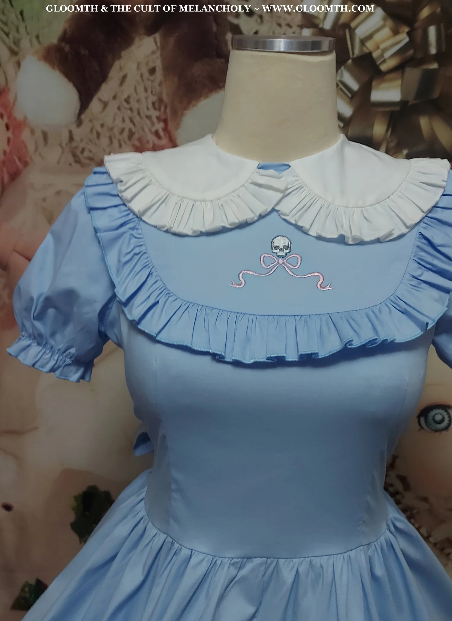 Cornflower Blue Tea Party Dress with Bows and Embroidered Skull