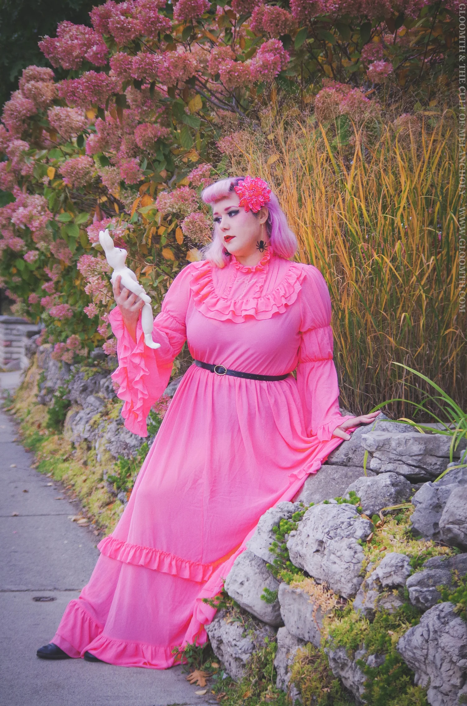Veronica Pink Sheer Victorian Dress with Bell Sleeves