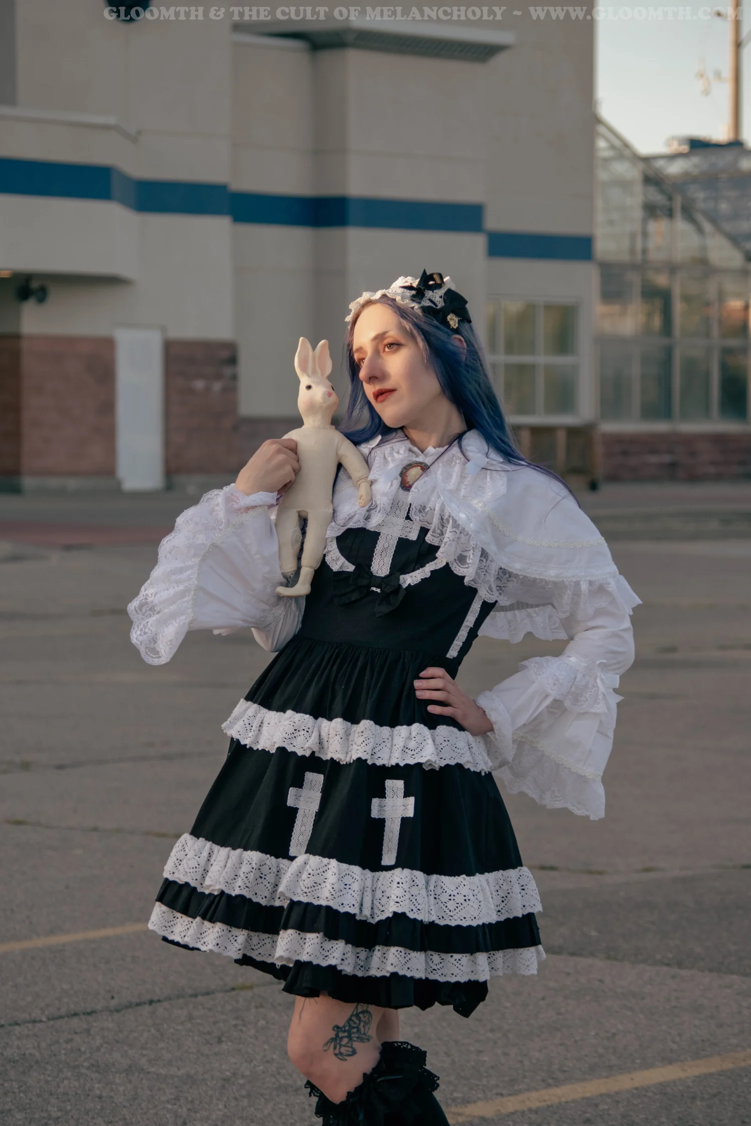 white christmas dresses Black Paradise Cross Print Ruffle Sleeveless Gothic Lolita Dress –  LolitaInside main image 1