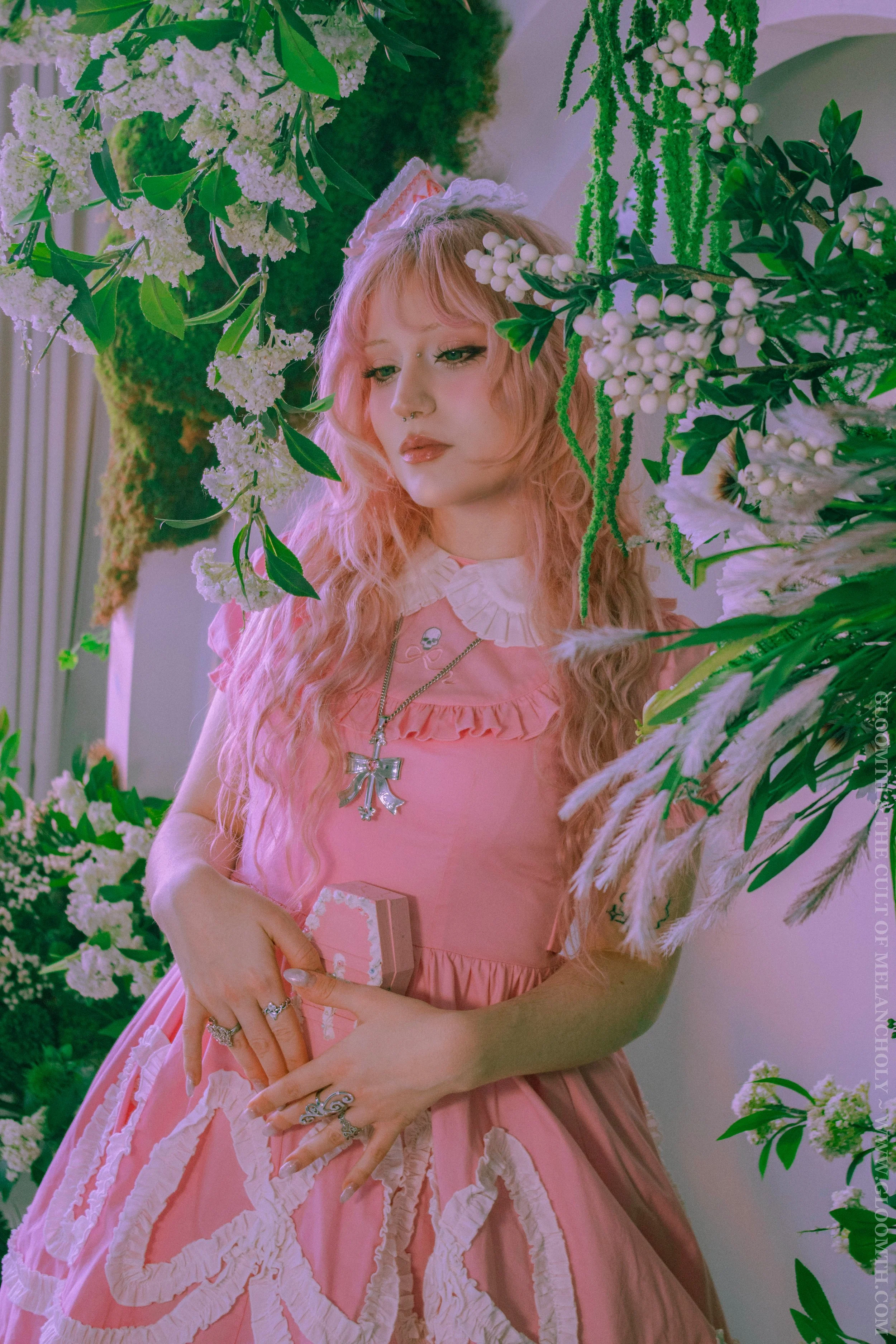 "Strawberry Milk" Tea Party Dress with Bows and Embroidered Skull