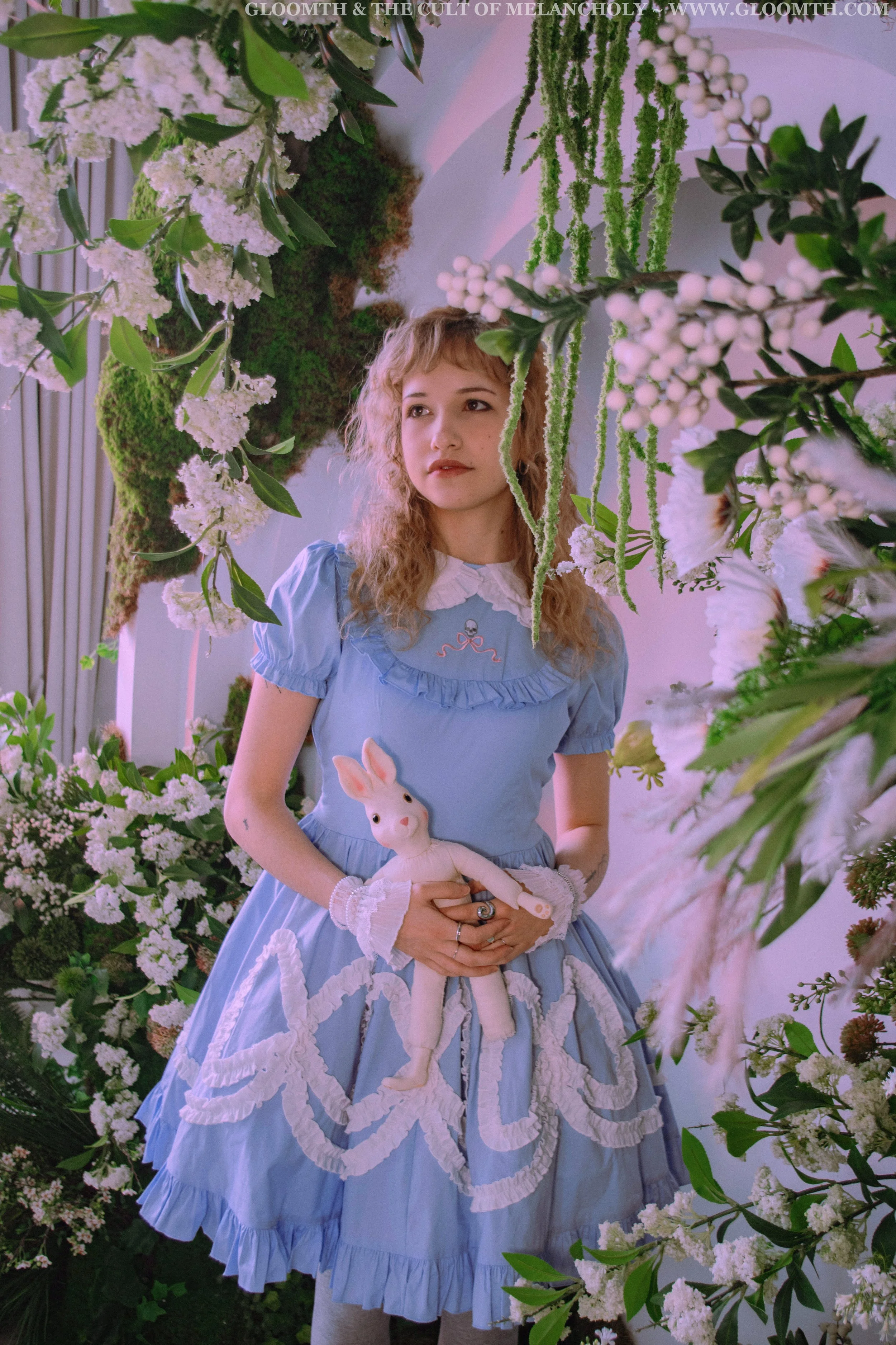 "Cornflower" Blue Tea Party Dress with Bows and Embroidered Skull