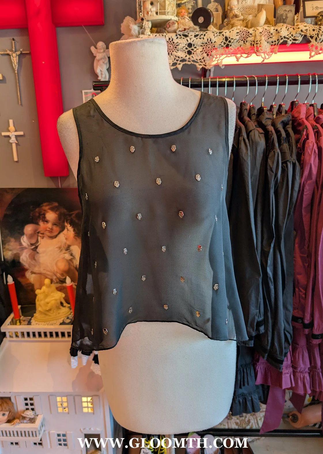 2010s Skull Studded Sheer Top Size Small