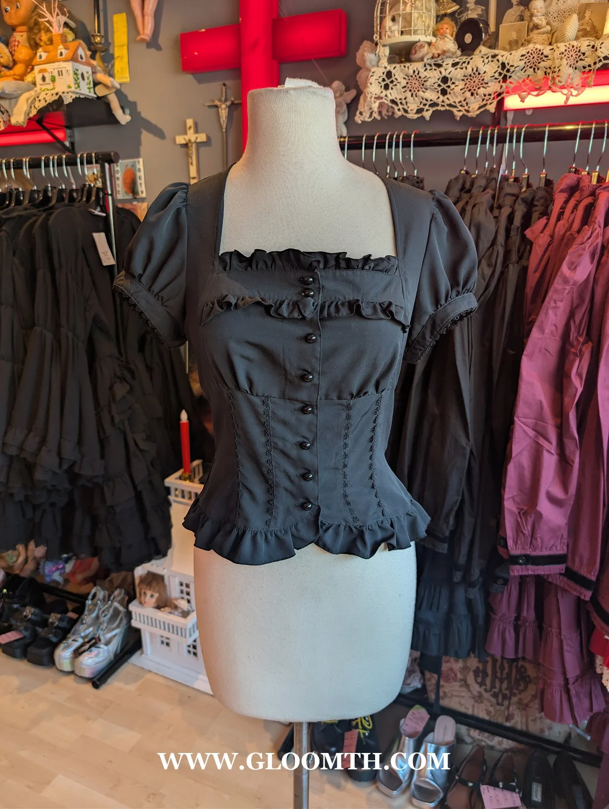 Sheglit Black Square Neck Frill Blouse Size Small