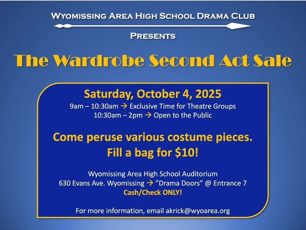 ATTENTION EVERYONE!

The Second Act Sale is TODAY, OCTOBER 4! From 10:30&ndash;2:00, come fill a bag for only $10. Enter through the doors on Evan&rsquo;s Ave. 

CASH or CHECK ONLY! 💵

Check out our array of costumes from every decade! You don&rsquo