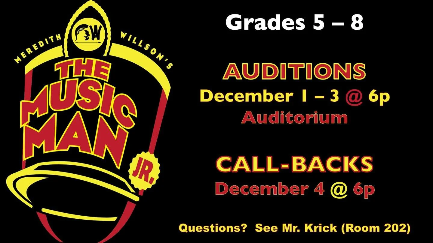 Attention all WyoDrama fans! Auditions for this year&rsquo;s Junior High musical, The Music Man, are officially underway! 🎭 

Callbacks are tomorrow, December 4th, at 6:00PM. 

Get excited to support our junior high performers in this timeless show!