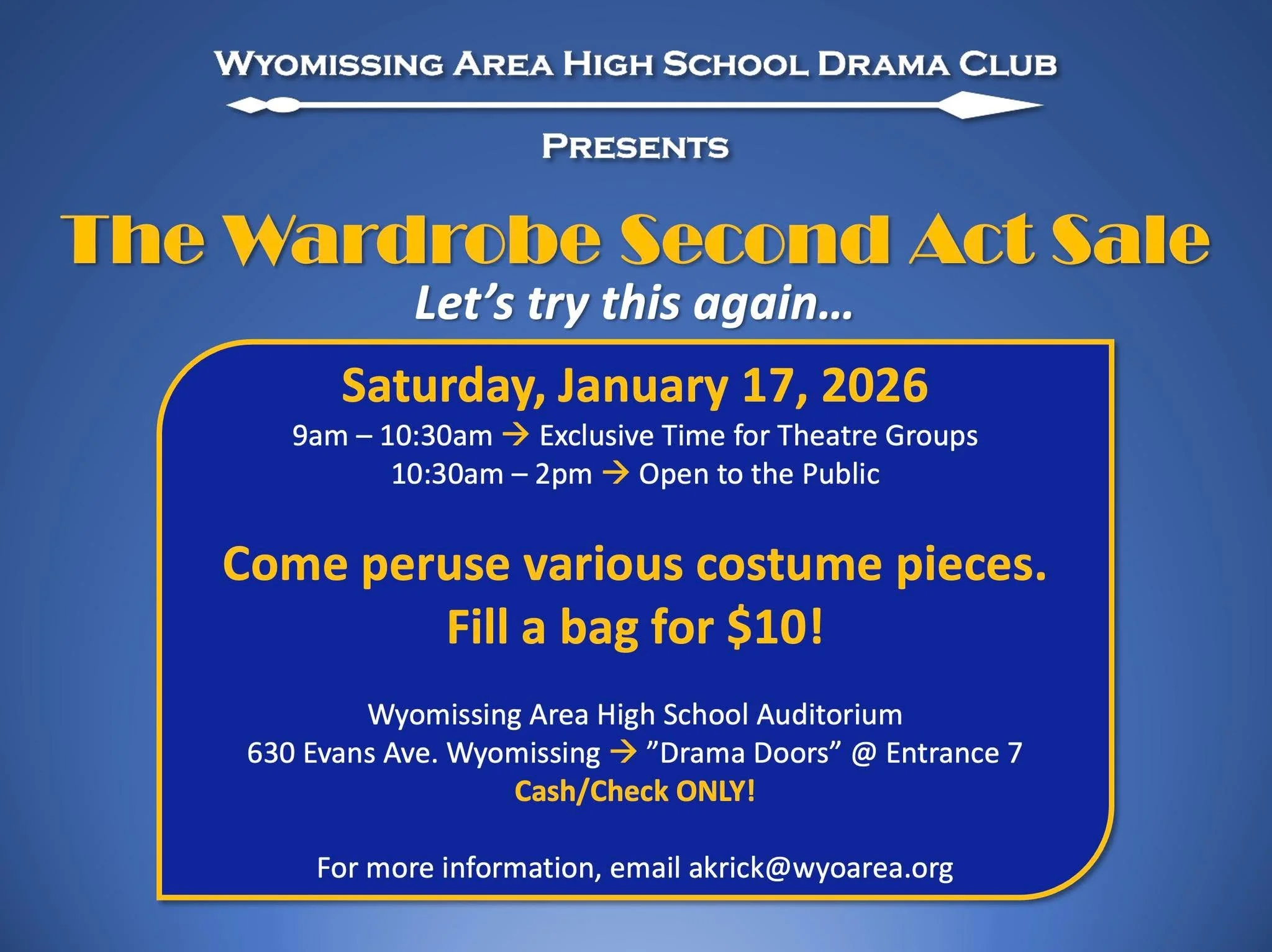 This Saturday, come explore the WyoDrama treasure trove of costumes at our Costume Sale!  Information listed below.  There are pieces for cosplay, theatrical costumes, or even your own personal wardrobe.  Please share with your friends or family!