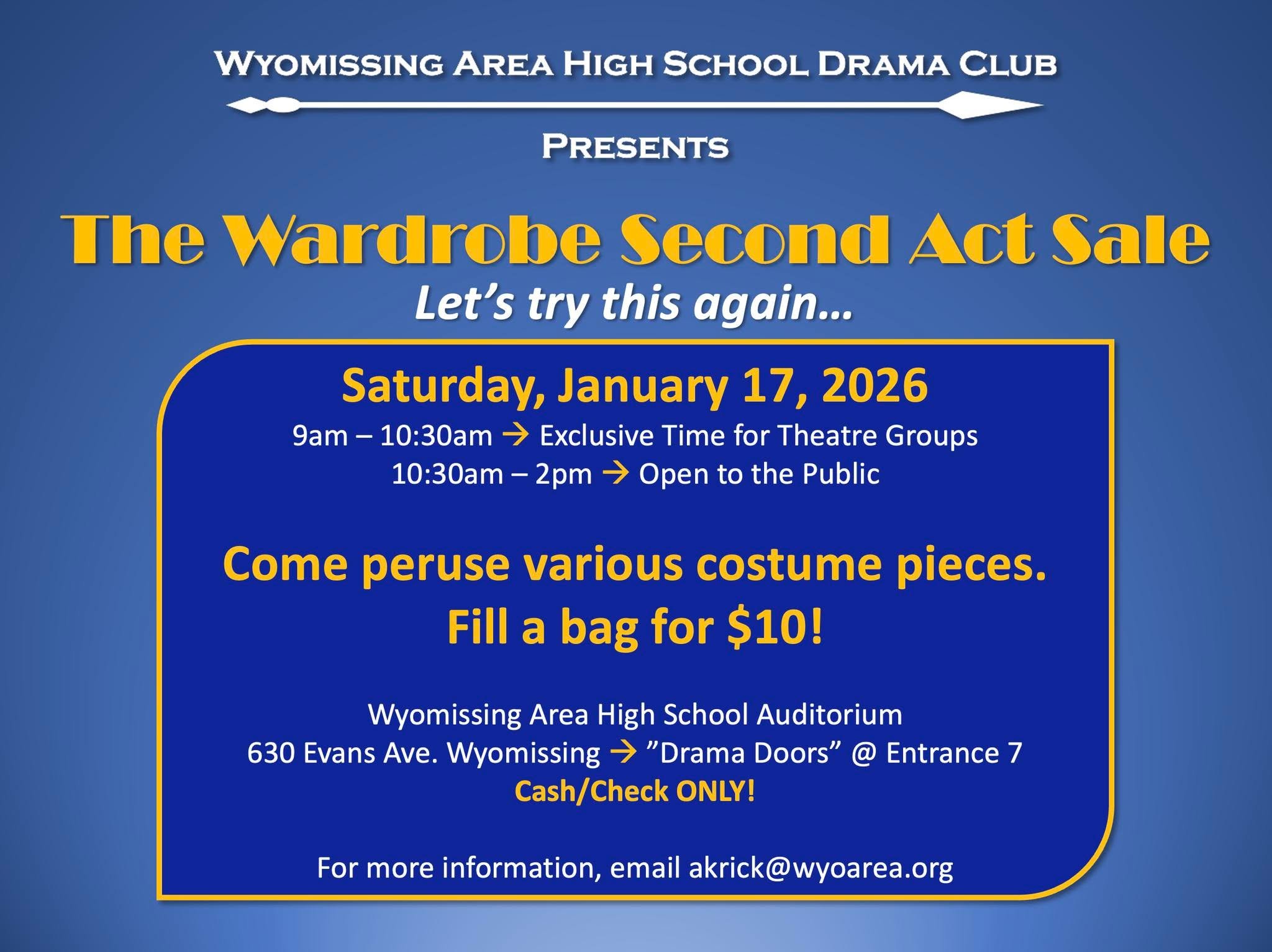 TOMORROW, come discover the riches of the WyoDrama costume loft at our Costume Sale!  Information listed below.  Whether you're a director, actor, costumer, cos-play connoisseur, or thrift-shop champion, there is something for you!  Please share with