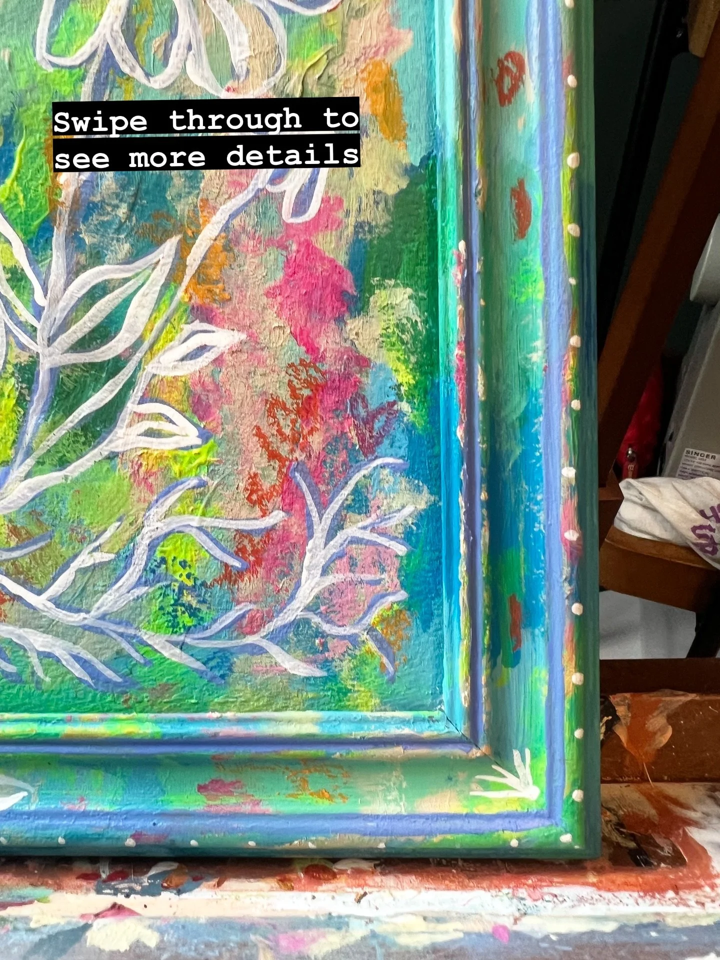 She&rsquo;s a color fever dream!! Swipe through to see more detail
A piece I create in 2025 that&rsquo;s for sale, with layers upon layers built up. Details painted on the frame, which can stand on its own or be hung on the wall. DM for early pricing