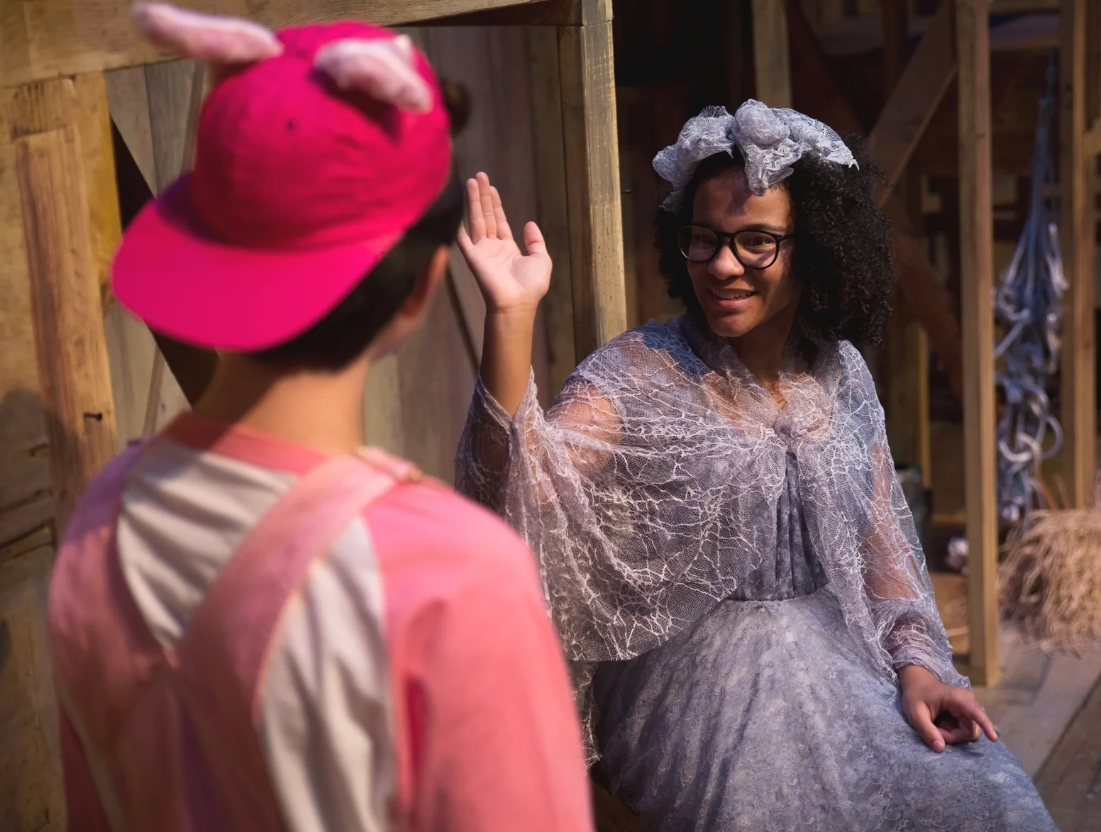Alana as Charlotte, acting opposite Wilbur (the Pig)
