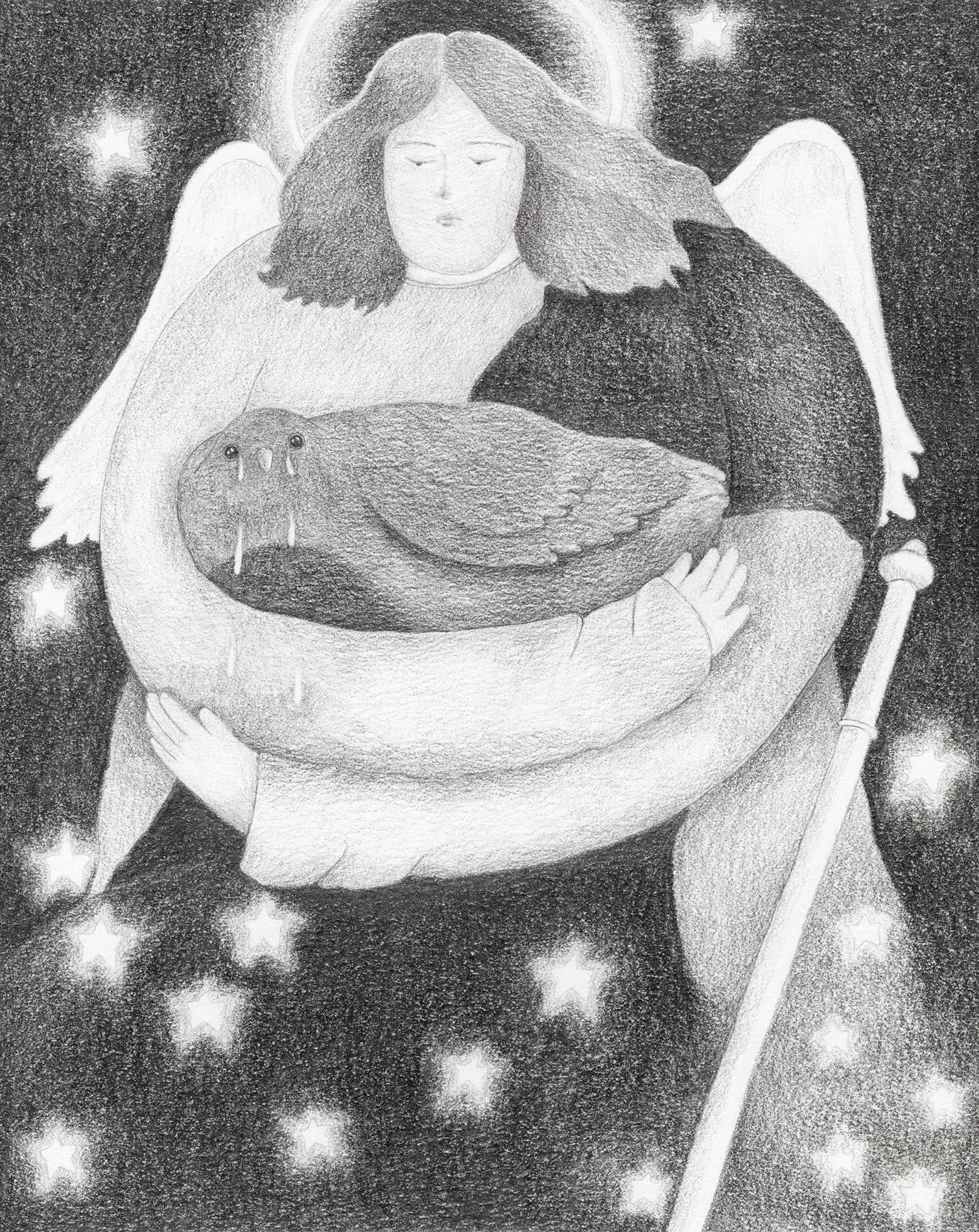 Raphael with Crying Bird, graphite on paper, 2026