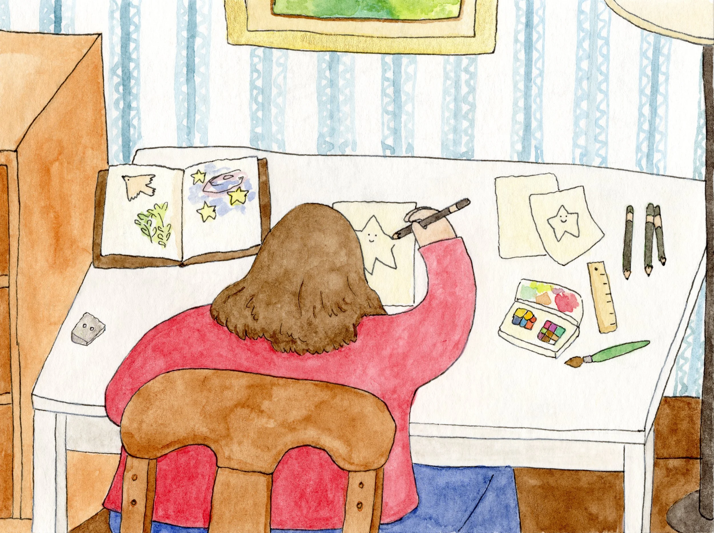 Me at My Desk, watercolor, 2026