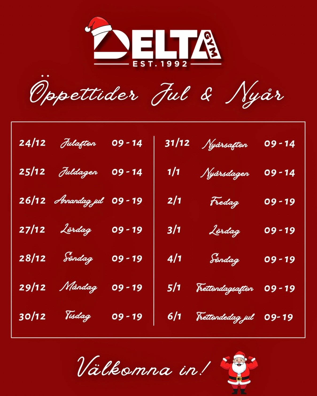 &Ouml;ppettider under Jul &amp; Ny&aring;r 🎅🥂 V&auml;lkomna! 

#deltagym #&ouml;ppettider #openinghours #holiday #christmas #newyear #gym #stockholm #sweden
