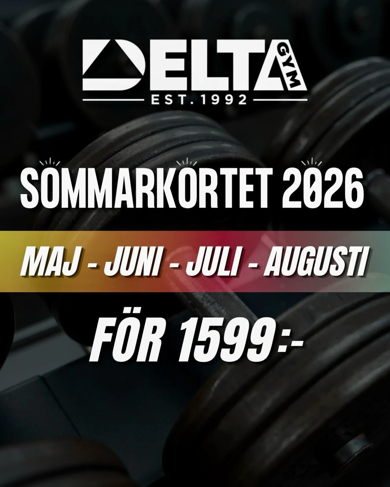 S&auml;kra sommartr&auml;ningen! 😎
Tr&auml;na fram till den 𝟯𝟭 𝗮𝘂𝗴𝘂𝘀𝘁𝗶 f&ouml;r endast 𝟭𝟱𝟵𝟵𝗸𝗿 ☀️

V&auml;lkomna in att teckna medlemskap p&aring; anl&auml;ggningen alternativt online via www.deltagym.com! 

#deltagym #sommarkort #kamp