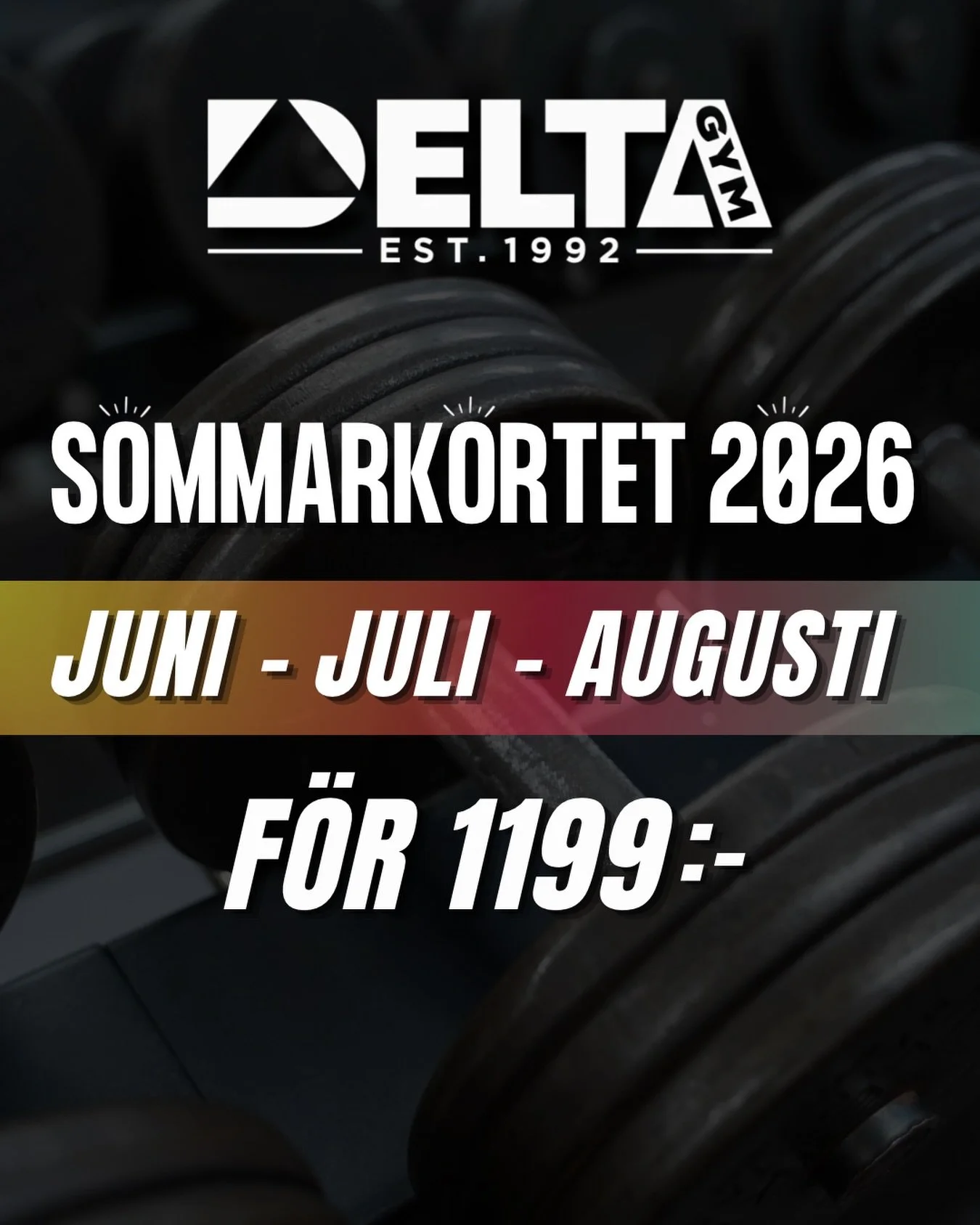 Tr&auml;na fram till den 𝟯𝟭 𝗮𝘂𝗴𝘂𝘀𝘁𝗶 f&ouml;r 𝟭𝟭𝟵𝟵𝗸𝗿! ☀️ 

V&auml;lkommen in att teckna medlemskap p&aring; anl&auml;ggningen alternativt online via www.deltagym.com! 😎

#deltagym #sommarkort #kampanj #erbjudande #gym