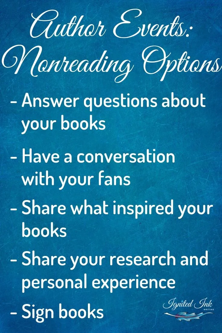 Author events don’t have to be only about reading your work. Your readers are there to get to know you and your writing better. These gatherings are more fun for everyone when you create space for questions, conversations, sneak peeks, and other activities.