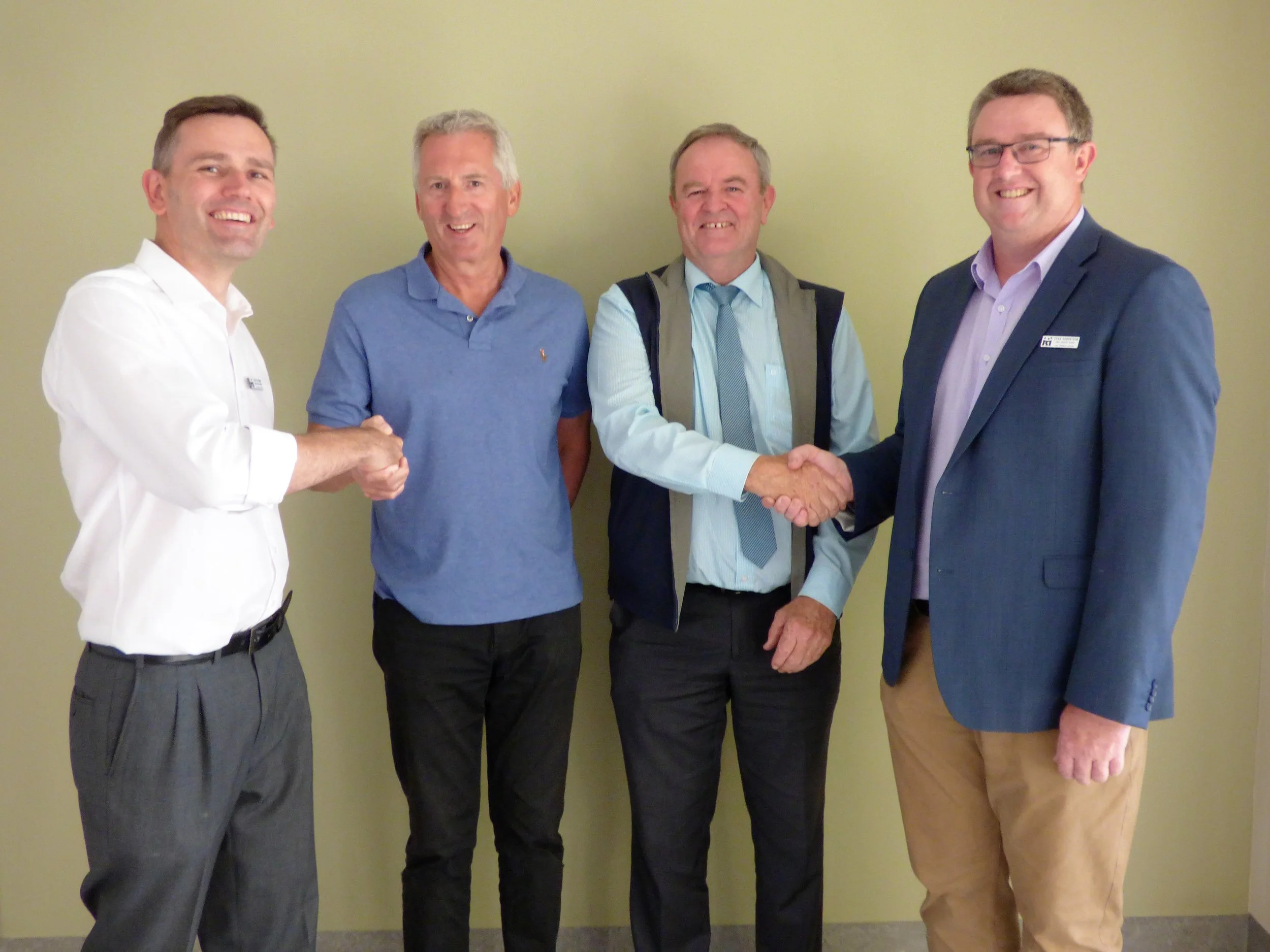 Business Services Manager Anton Reyment (left) and CEO Evan Robertson (right) congratulate The Forrest Centre Hospice Fundraising Committee Chair Mick Quirk and Board Chairman Peter Fitzpatrick on the successful efforts of The Forrest Centre Hospice Fundraising Committee. 