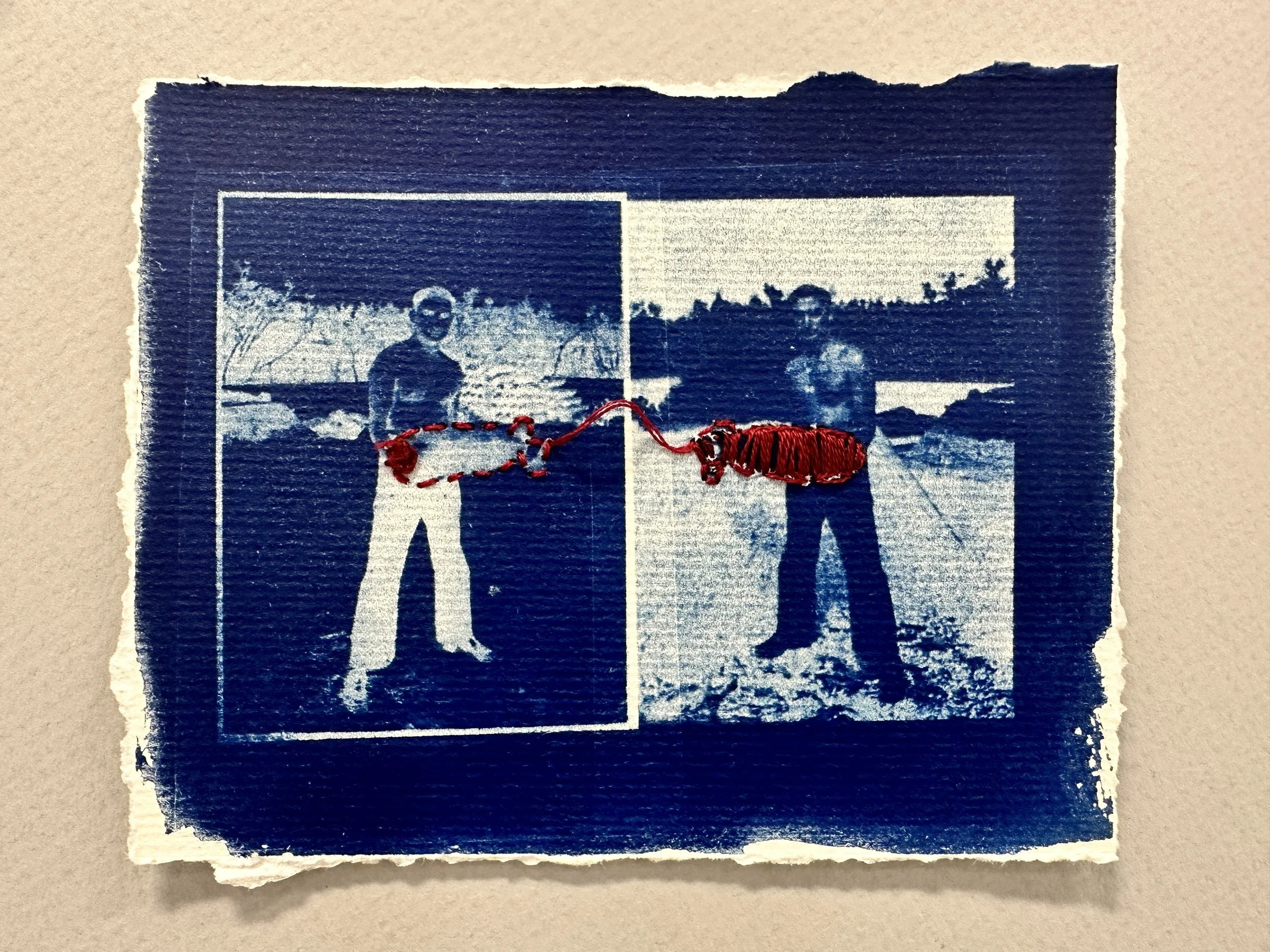 "Time Bomb" Cyanotype on water color paper, hand embroidery