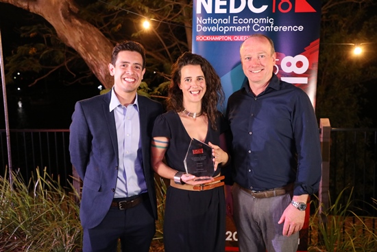 Geospatial Analyst Daniel Hernandez, Practice Manager Nicki Booth, and Managing Director Kevin Johnson at NEDC 2018. Source: Economic Development Australia