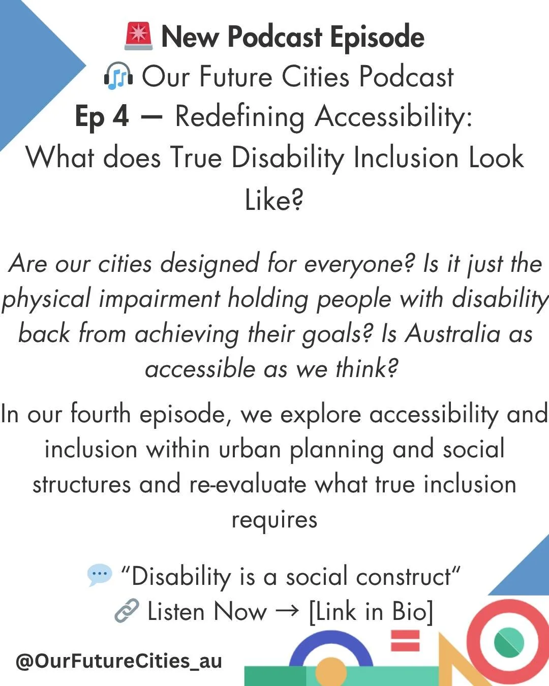 The Our Future Cities Podcast Episode 4: Redefining Accessibility: What Does True Disability Inclusion Look Like is Out Now! and Available for Streaming 🧠🦾🫶♿🎗️🌈

Dive into the fourth episode of The Our Future Cities Podcast &ndash; asking better