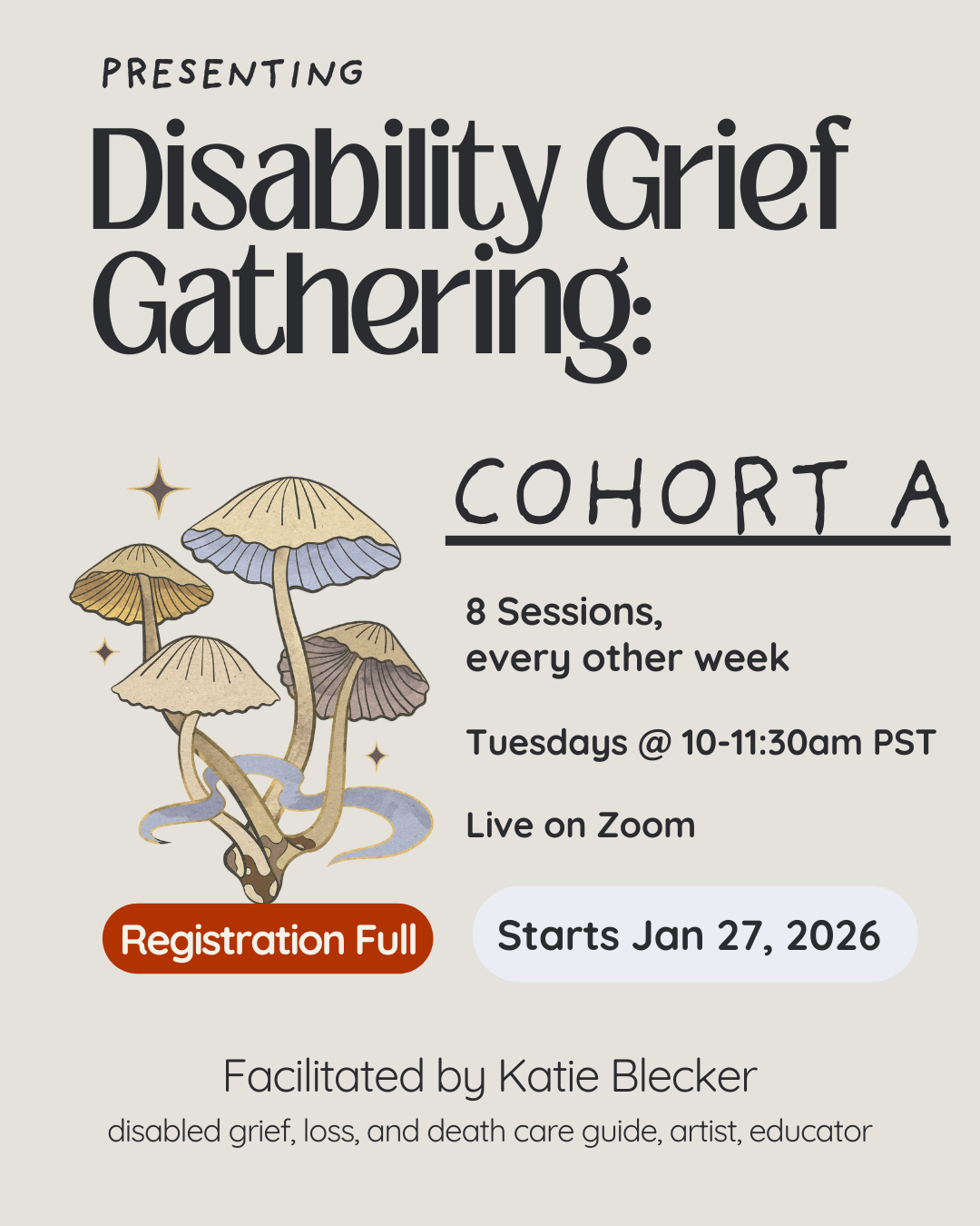 a flyer for the event with some of the info and a graphic of 4 mushrooms intertwined