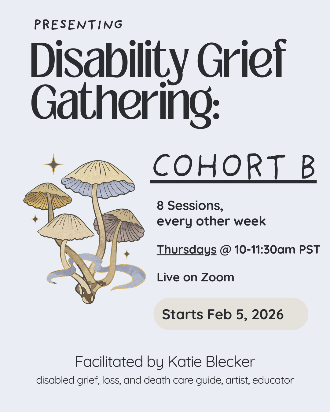 a flyer for the event with some of the info and a graphic of 4 mushrooms intertwined