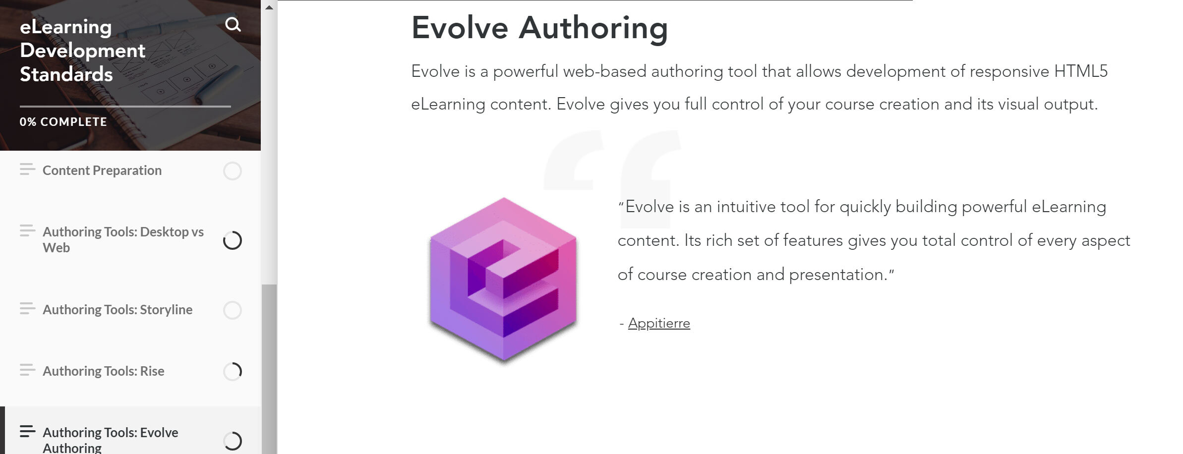  “Authoring Tools: Evolve Authoring” page focuses on Evolve Authoring, a web-based elearning development tool.  