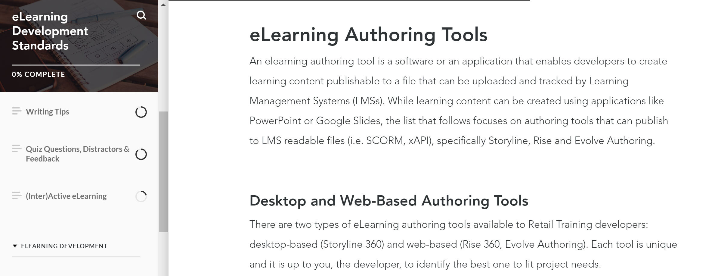  “Authoring Tools: Desktop vs. Web” page introduces elearning authoring tools available to staff. 