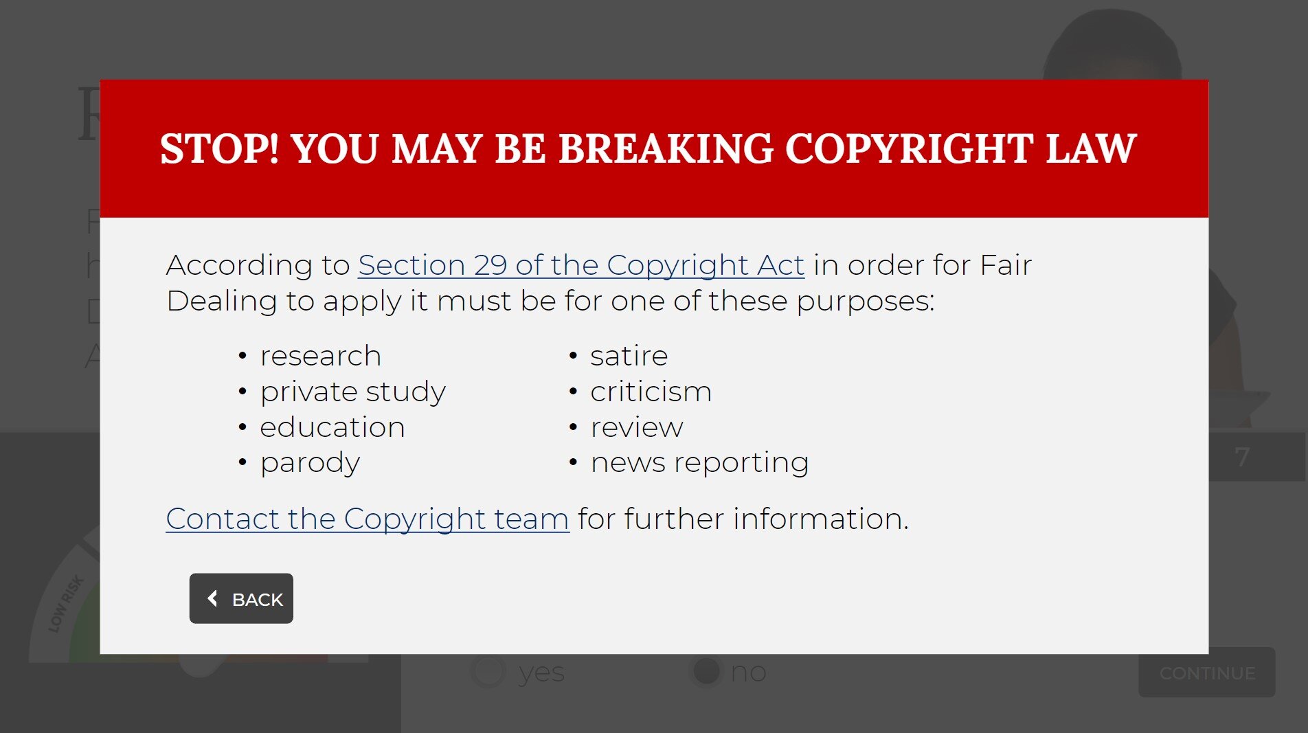  An alert page that appears when an activity selected clearly infringes Copyright Law. 