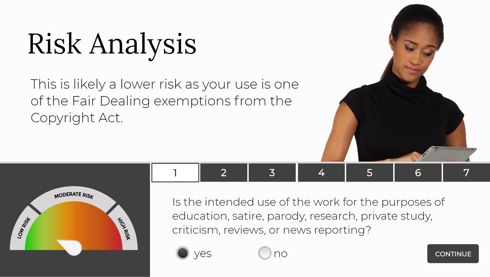  Risk analysis, low risk, indication based on an answer to one of the assessment questions. 