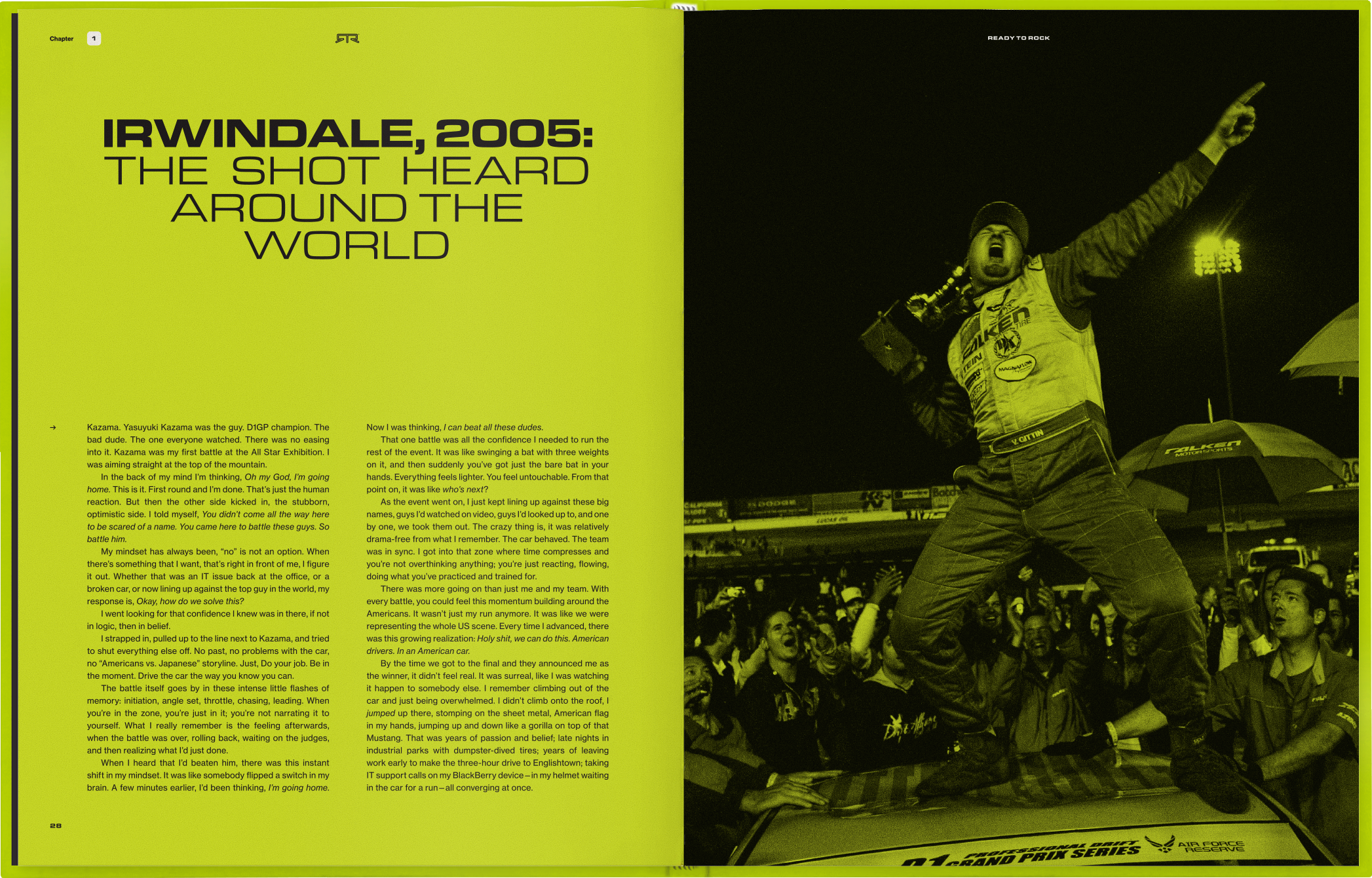 Spread from the new book "Ready To Rock" by Vaughn Gittin Jr., showing Gittin Jr. celebrating a victory in D1GP 2005 that helped launch his professional drifting career. Published by Carrara Media, 2026.