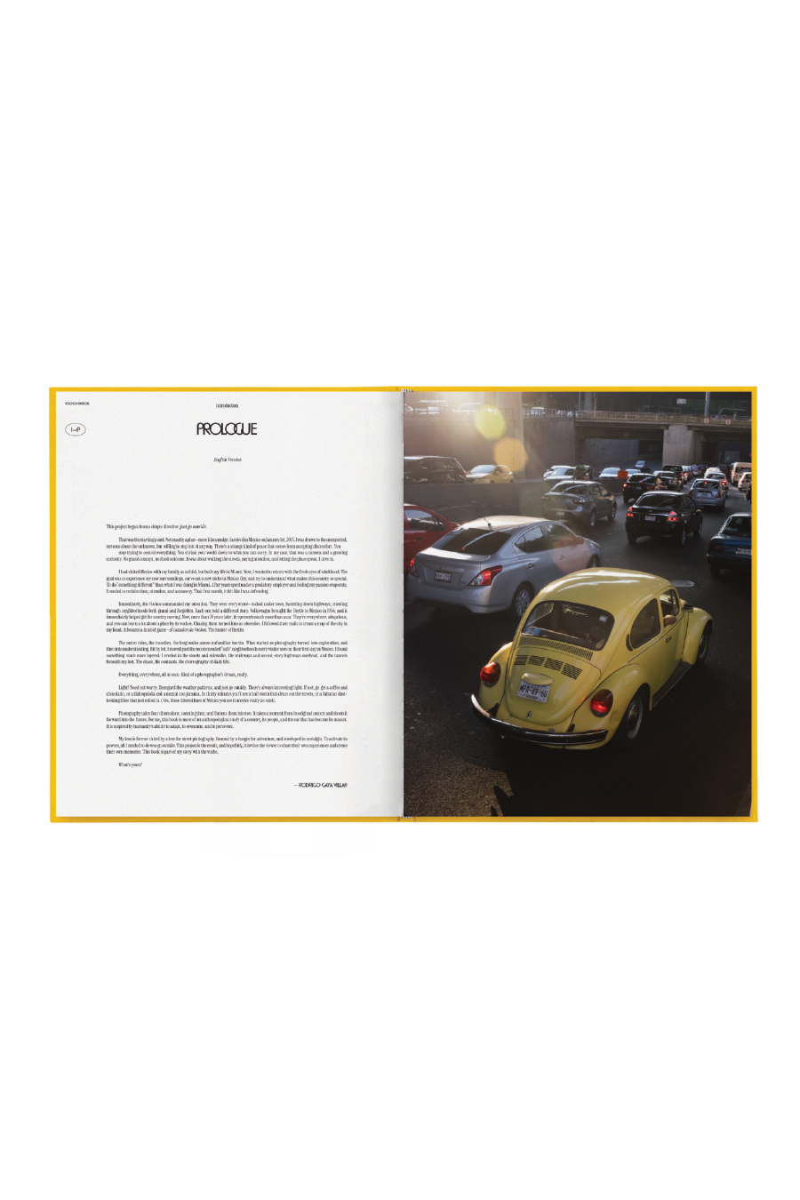 Sample page from the coffee table book Vochos Unidos, by photographer Rodrigo Gaya Villar, an automotive travelogue through Mexico in search of culture and meaning through El Vocho — the Spanish term of endearment for the beloved Volkswagen Beetle.
