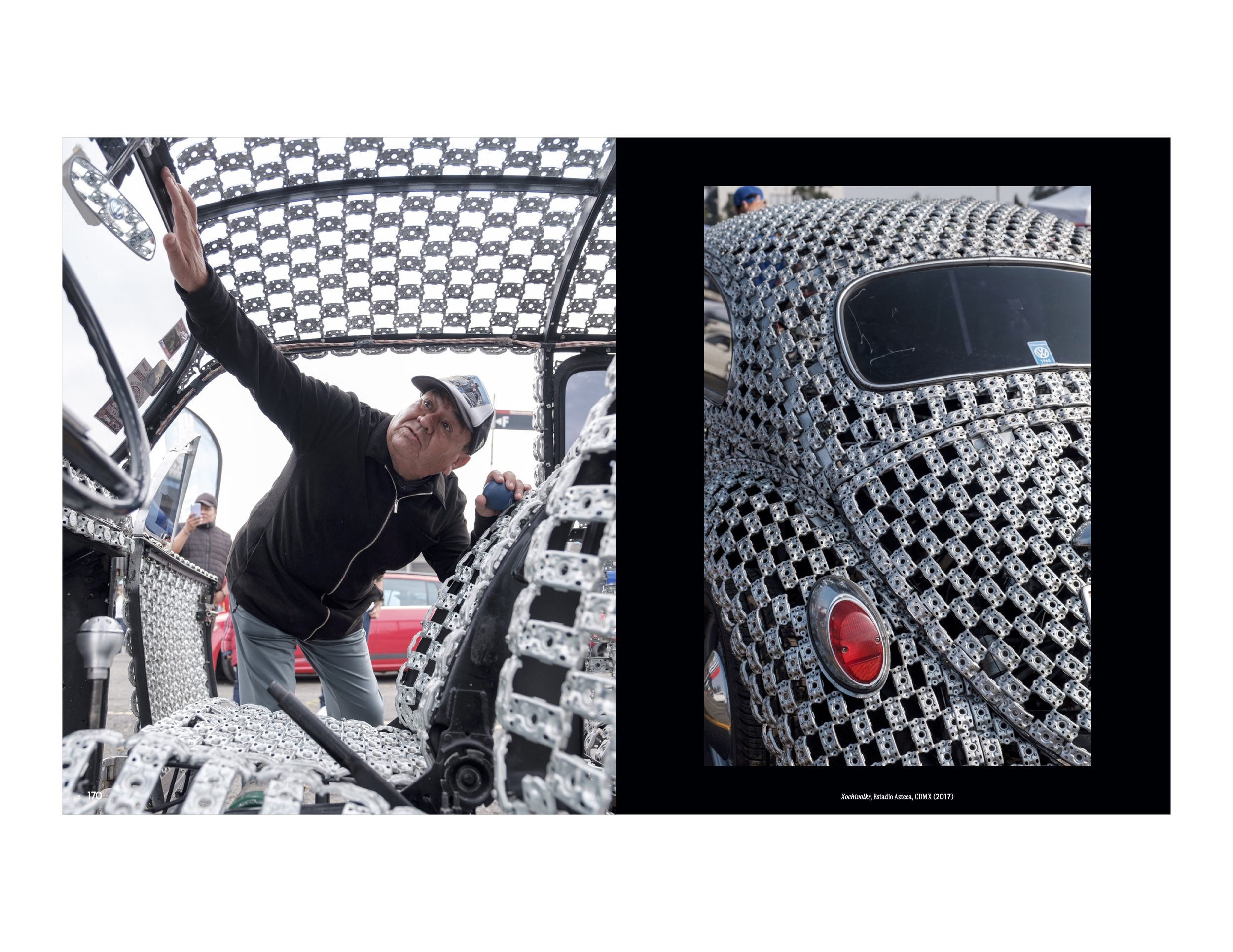 A vochero proudly shows his handiwork inside a Vocho, or Volkswagen Beetle, made entirely from discarded metal tags. From the book Vochos Unidos by Rodrigo Gaya Villar, published by Carrara Media, 2026.
